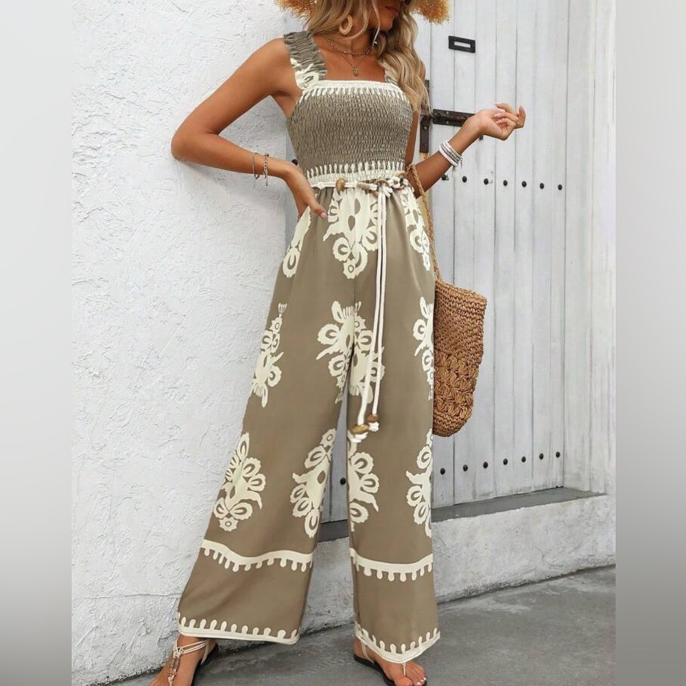 Jumpsuit Smocked Square Neck Wide-Leg tan& cream#beach#coquettegirl#lightweight